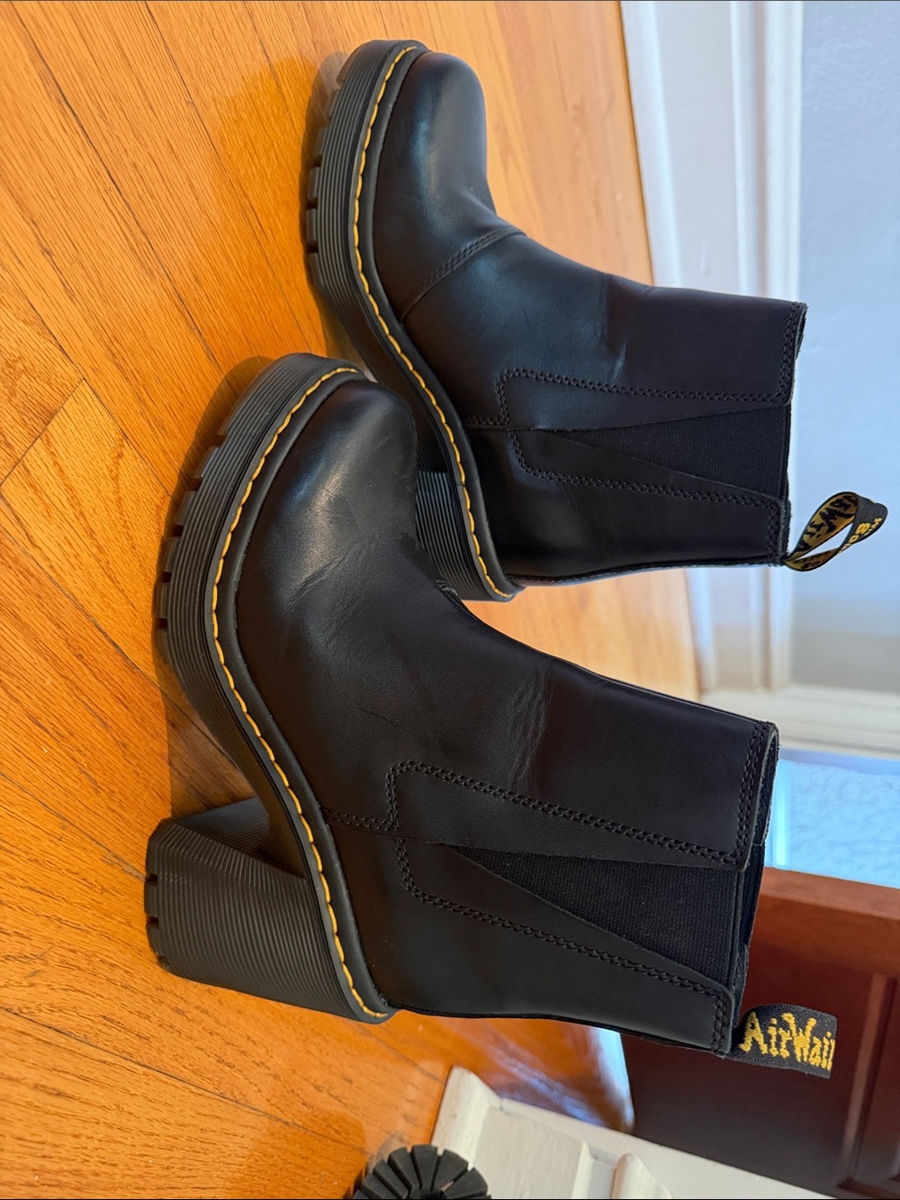 Dr. Martens Black Leather Platform Chelsea Boots with Yellow Stitching size 7